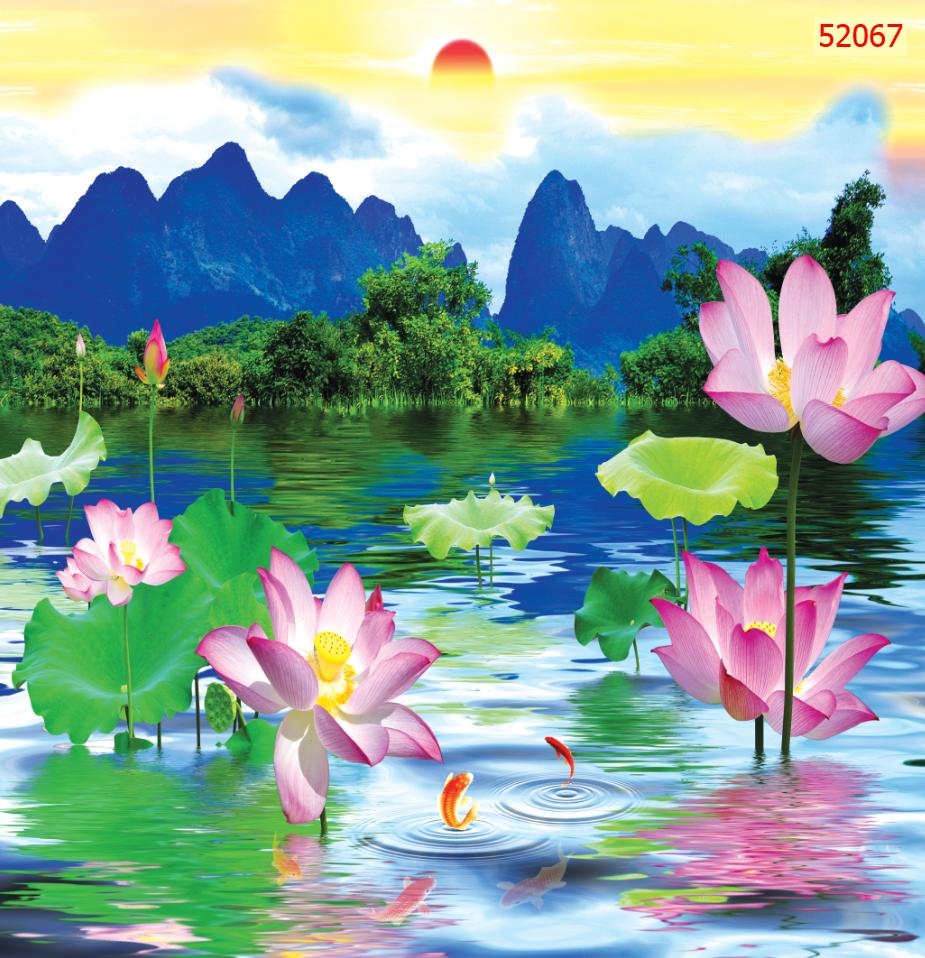 Tranh hoa sen in trên chất liệu lụa cao cấp có thể dán trực tiếp lên tường hoặc đóng khung treo