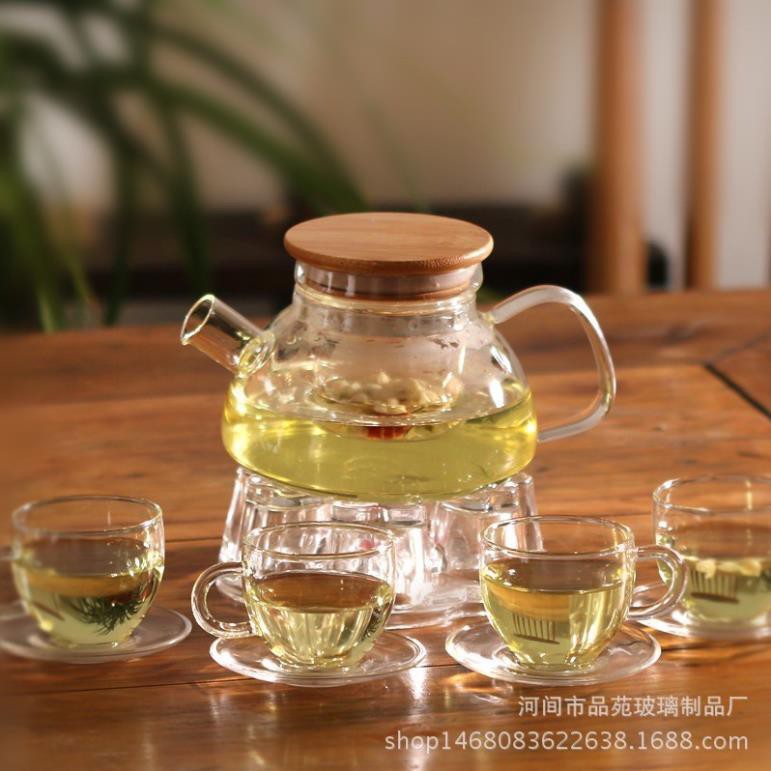 (HÀNG ĐẸP) set ấm chén trà thuỷ tinh nắp tre dung tích 600ml