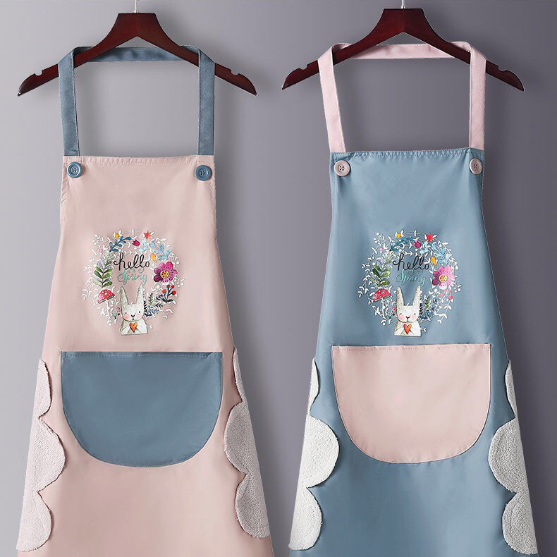 [GIẢM GIÁ ĐẶC BIỆT] Tạp dề in hình chú thỏ chống nước / chống dầu phong cách thời trang dành cho phái nữ, Thiết kế vô cùng tiện lợi với một túi trước bụng để đựng đồ và vị trí lau tay hai bên hôngTạp dề màu sắc nhã nhặn, trang trí dễ thương