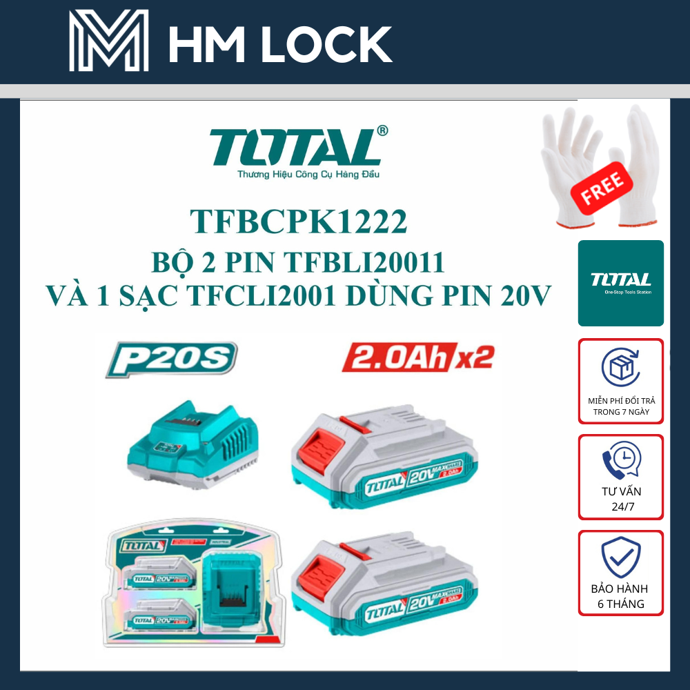Bộ 2 pin tfbli20011 và 1 sạc tfcli2001 dùng pin lithium-ion 20v total - hàng chính hãng