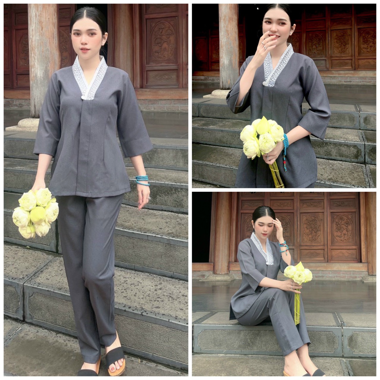Đồ Lam Đi Chùa # Bộ Lụa Hàn sen 1 nút# Quần Áo Nữ Cao Cấp