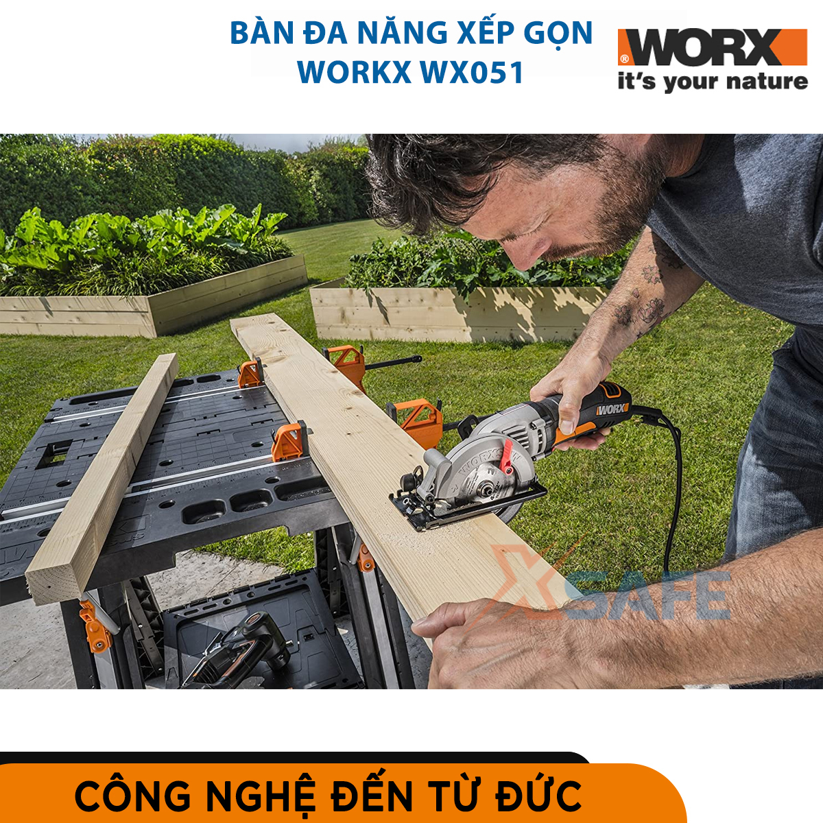 Bàn làm việc đa năng xếp gọn WORX WX051 tải trọng lên đến 450kg, dễ dàng gấp gọn di chuyển, mặt bàn rộng dễ thao tác, có hộp đựng đồ nghề