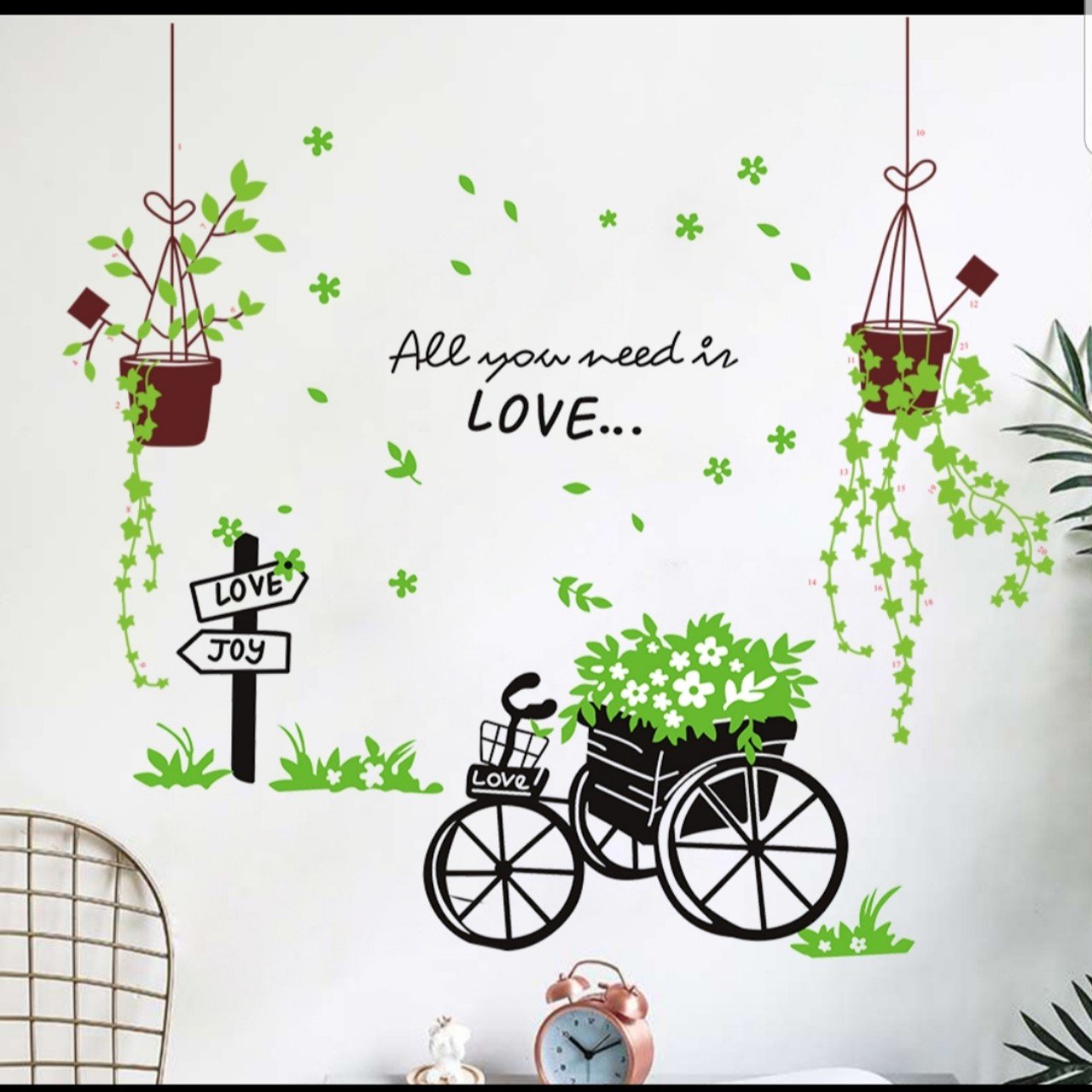 Decal dán tường: Combo giỏ cây xanh và xe đạp chở hoa