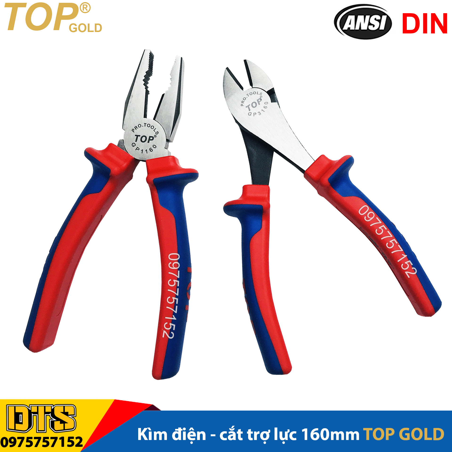 Bộ 2 kìm điện - kìm cắt trợ lực chuyên nghiệp TOP GOLD 160mm, thép Hi-Cr cao cấp, thiết kế cộng lực tiết kiệm 50% lực tay, kìm đa năng cao cấp, kềm cắt, kềm răng tổ hợp