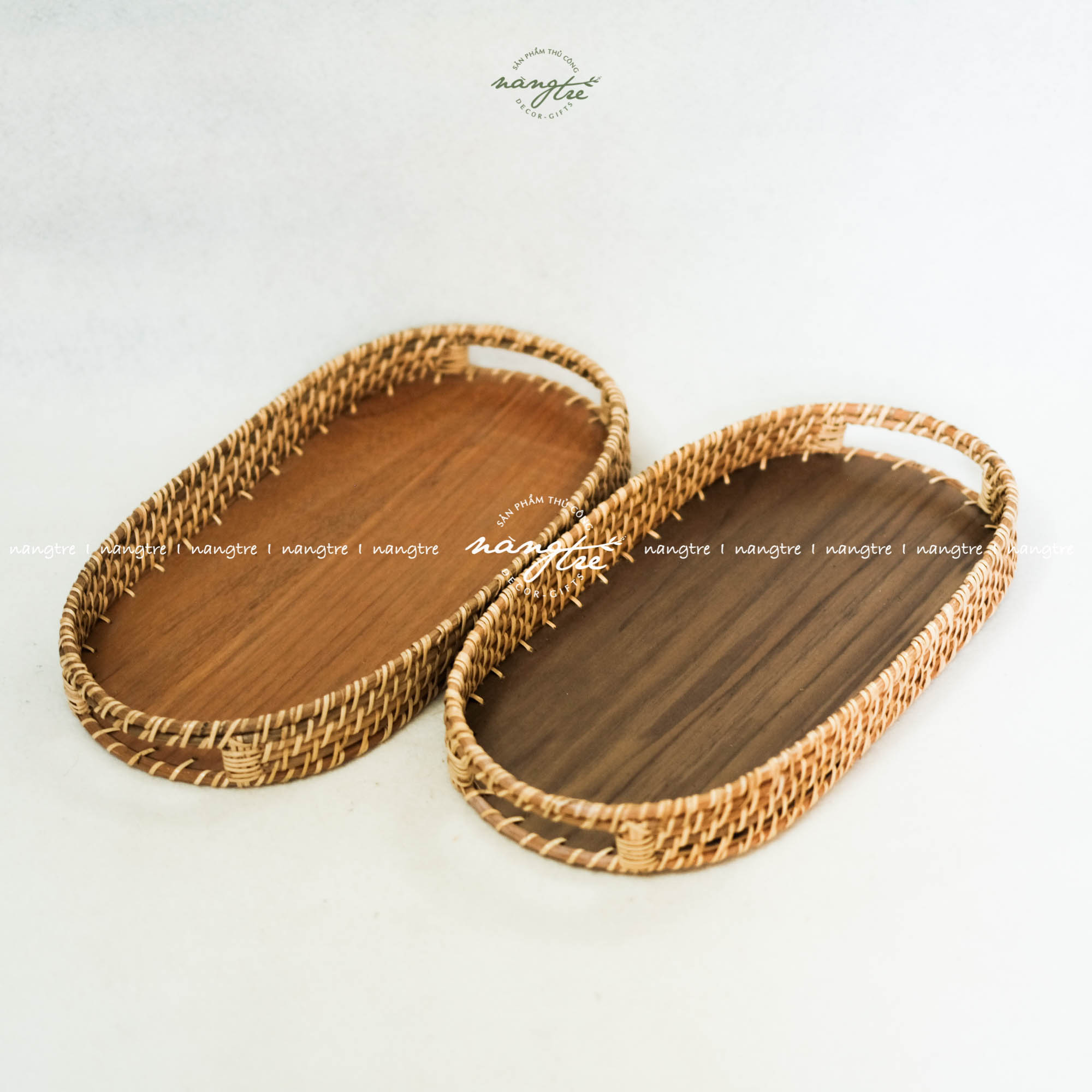 [HCM]Khay mây oval - Khay oval đế gỗ óc chó - Oval rattan tray