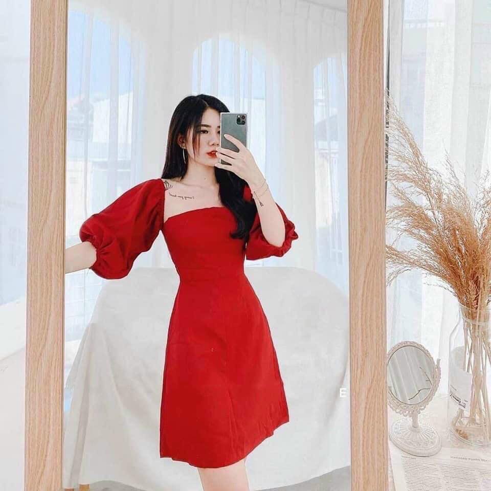 ĐẦM ĐỎ CÚP NGỰC RỚT VAI TAY PHỒNG