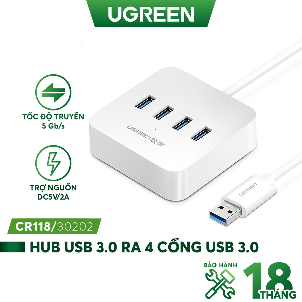 Bộ chia usb 3.0 ra 4 cổng hỗ trợ nguồn dc 5v/2a dài 1m ugreen 30202 cao cấp