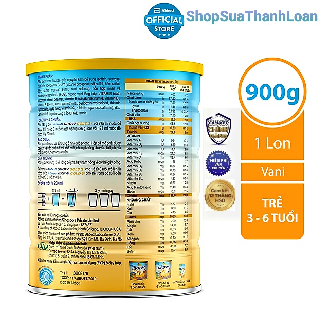 (HSD T8-2025) Sữa Bột Abbott Grow Gold 3+ Lon 900g (Cho Bé Từ 3 - 6 Tuổi).