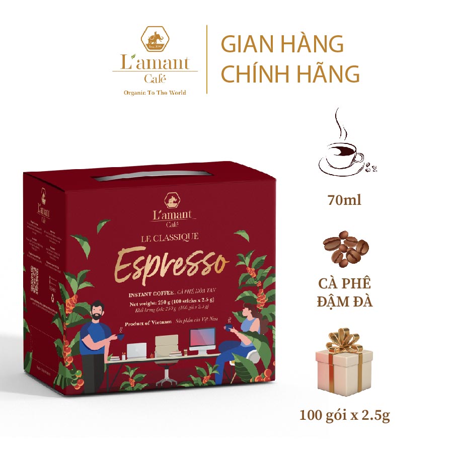 [MỪNG ĐẠI LỄ TẶNG QUÀ MÊ]  Cà phê hòa tan đen L'amant Espresso - L'amant Espresso Instant Coffee (Hộp 100 gói x 2gr)