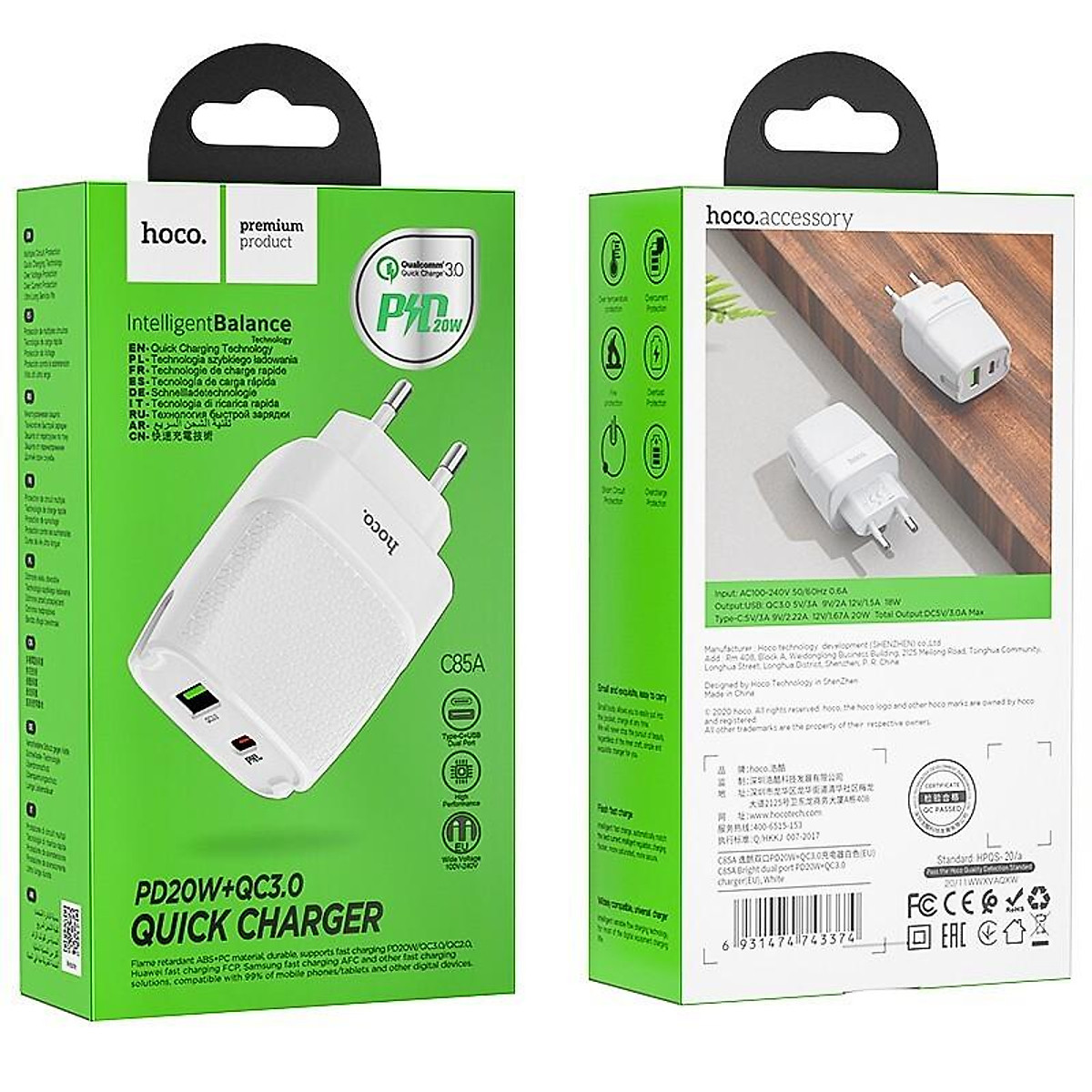 Cốc sạc nhanh hoco c85a pd20w + qc3.0 2 cổng sạc typec và usb