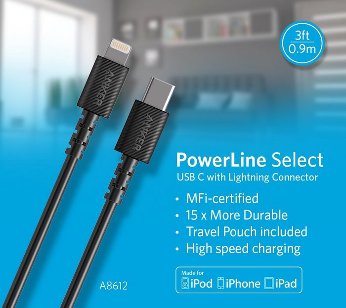 Cáp sạc nhanh iPhone / iPad PD ANKER A8612 Type C to lightning Dài 0.9M