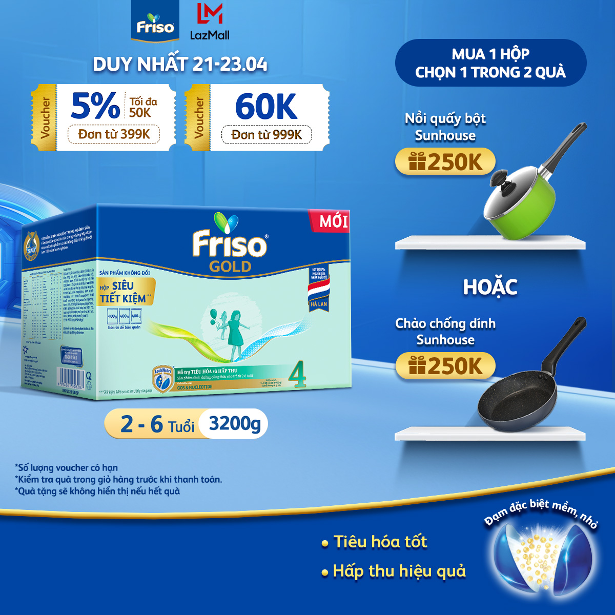 [21- 23/4 VOUCHER ĐẾN 1 TRIỆU] Sữa Bột Friso Gold 4 (Hộp Giấy 3,2KG)