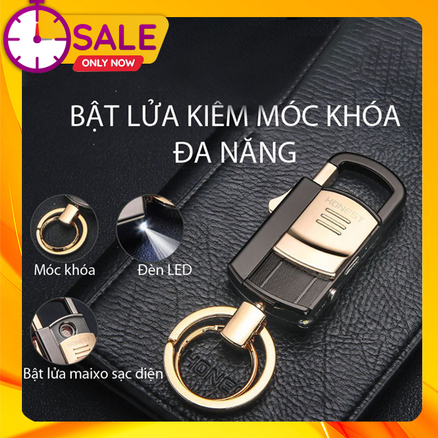 Móc khóa xe ô tô xe máy Honest BCK2-686, kiêm bật lửa hồng ngoại, đèn pin chiếu sáng cao cấp