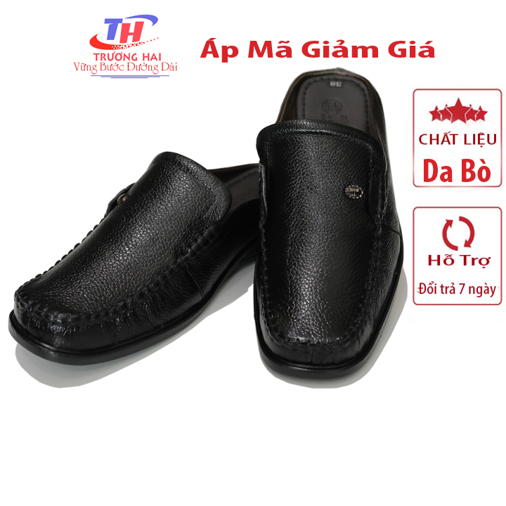 Dép nam bít mũi da bò màu đen  Trường Hải hàng thủ công may đế chắc chắn THB02