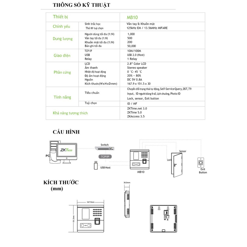 Máy chấm công Vân tay - Khuôn mặt - Thẻ ZKTECO MB10-ID