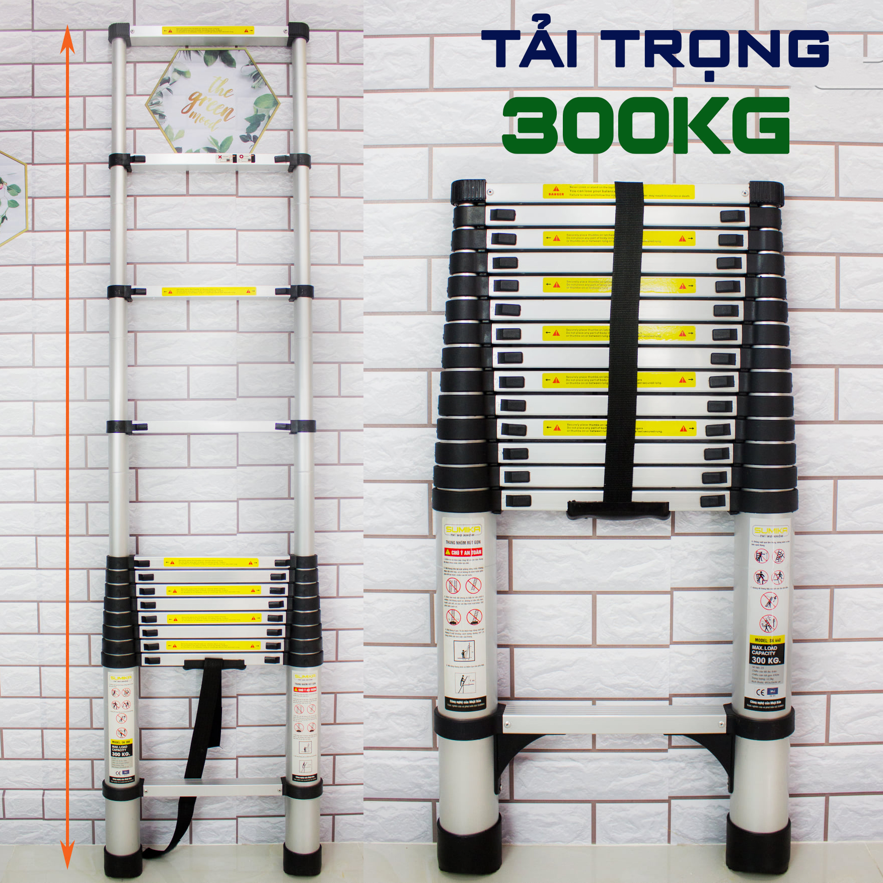 Thang nhôm rút đơn xếp gọn 5m1 SUMIKA SK 510 New ( màu bạc ). An toàn – Tiện lợi – Tiết kiệm ,15 bậc, tải trọng 300kg, bảo hành 2 năm.