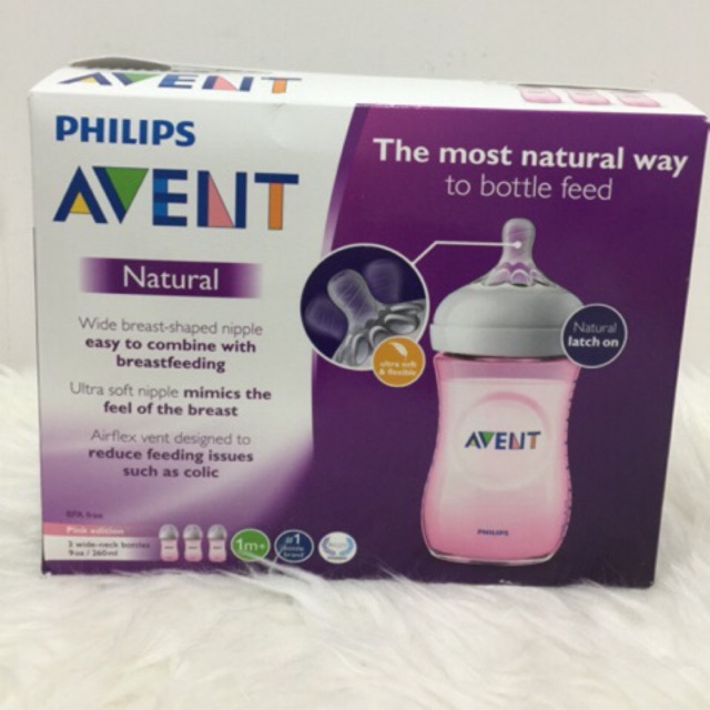 [HCM]Set 3 Bình Sữa Avent Natural Màu Hồng 260ML