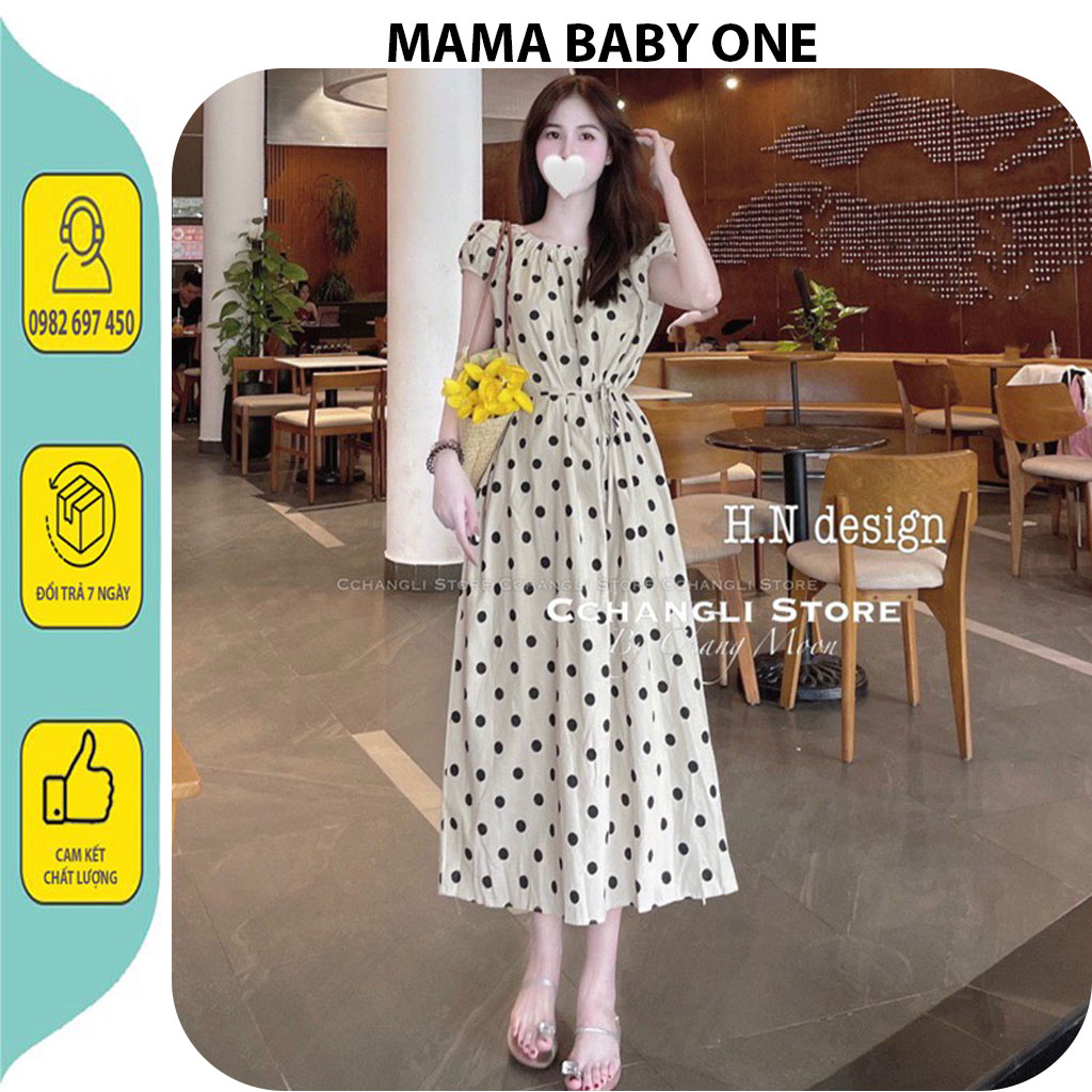 Váy bầu đầm bầu công sở dự tiệc mùa hè-đầm bầu thiết kế tiểu thư chấm bi trẽ vai chất mềm mát mặc bầu sau sinh