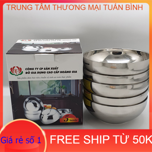 (Giảm 20k SHIP Đơn Từ 49K) Bộ 5 bát tô canh Inox Hoàng Gia 2 lớp cách nhiệt loại 20CM(Bạc)