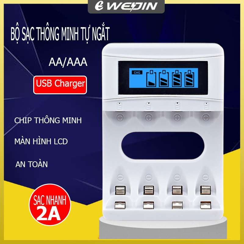 Bộ sạc pin tiểu AA AAA tự ngắt BH-C02, sạc nhanh 2A màn hình LCD