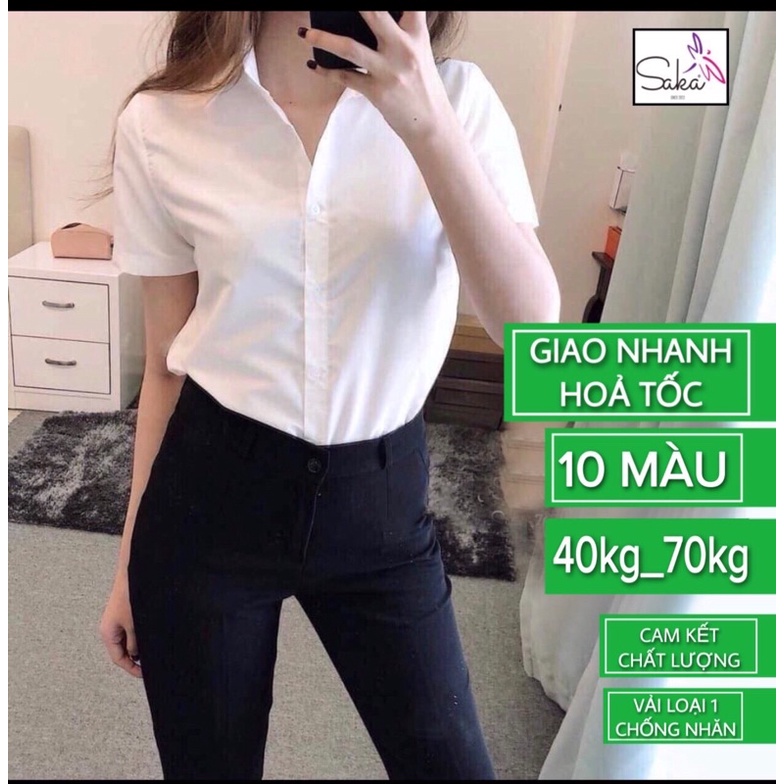 Áo sơ mi trắng form rộng nữ tay ngắn vải kate lụa không nhăn