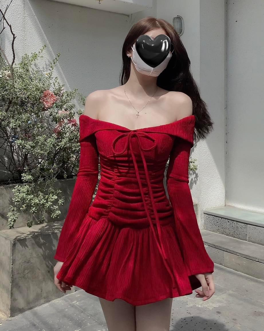 Đầm ôm body xòe đuôi cá mặc đi chơi sang chảnh, váy ôm trễ vai tay dài bo nhún hàng bán shop
