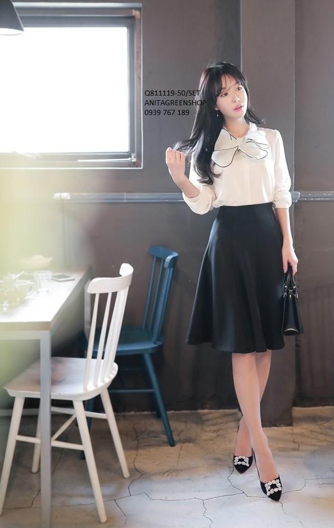 Q811119  SET ÁO NƠ PHỐI CHÂN VÁY XÒE