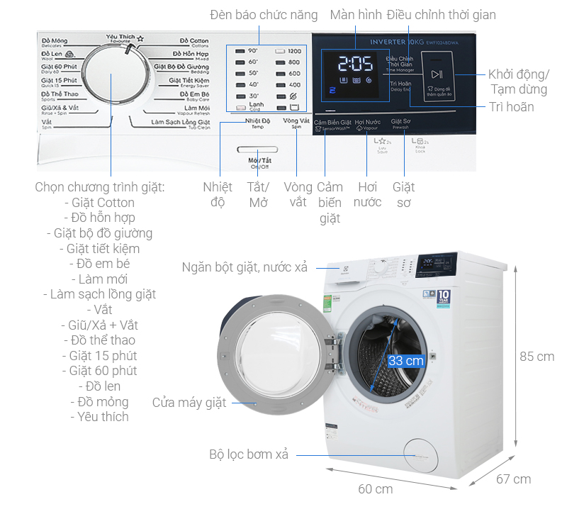 [Trả góp 0%]Máy giặt Electrolux 10kg lồng ngang EWF1042BDWA