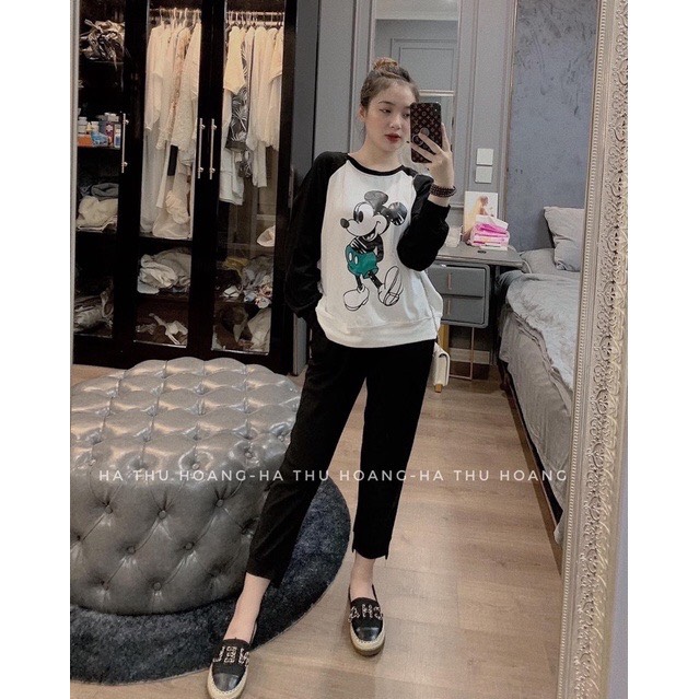 Bộ thu đông nữ phối đen trắng hình micky đáng yêu