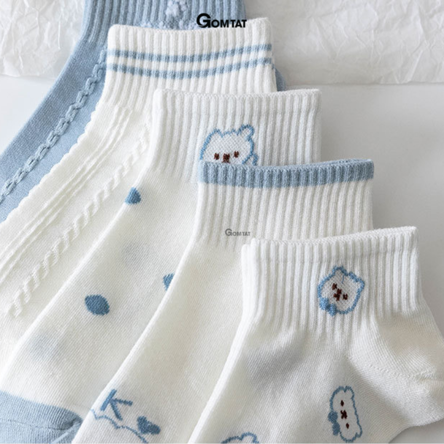 Set 5 đôi vớ cổ thấp nữ GOMTAT hoạ tiết dễ thương, chất liệu cotton dày dặn êm ái, ôm chân không bó chặt - CB089