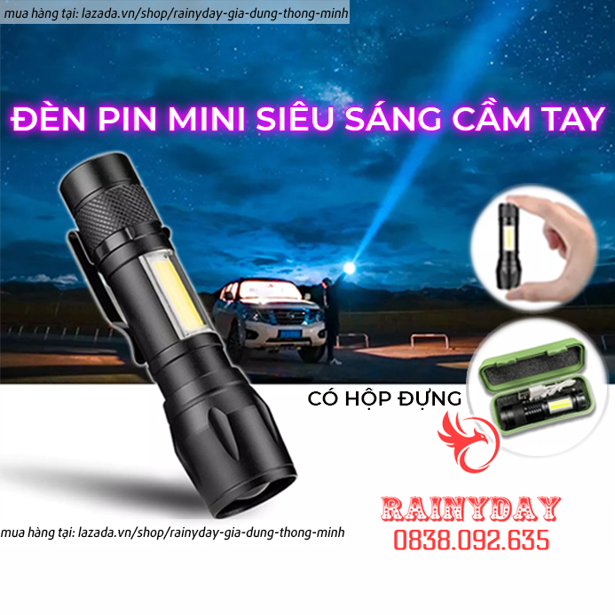 Đèn pin siêu sáng mini bin sạc điện usb bóng led xpe cob có zoom chống nước cầm tay chuyên dụng