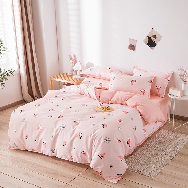 Chăn ga gối cotton poly - Mẫu dưa hấu hồng.