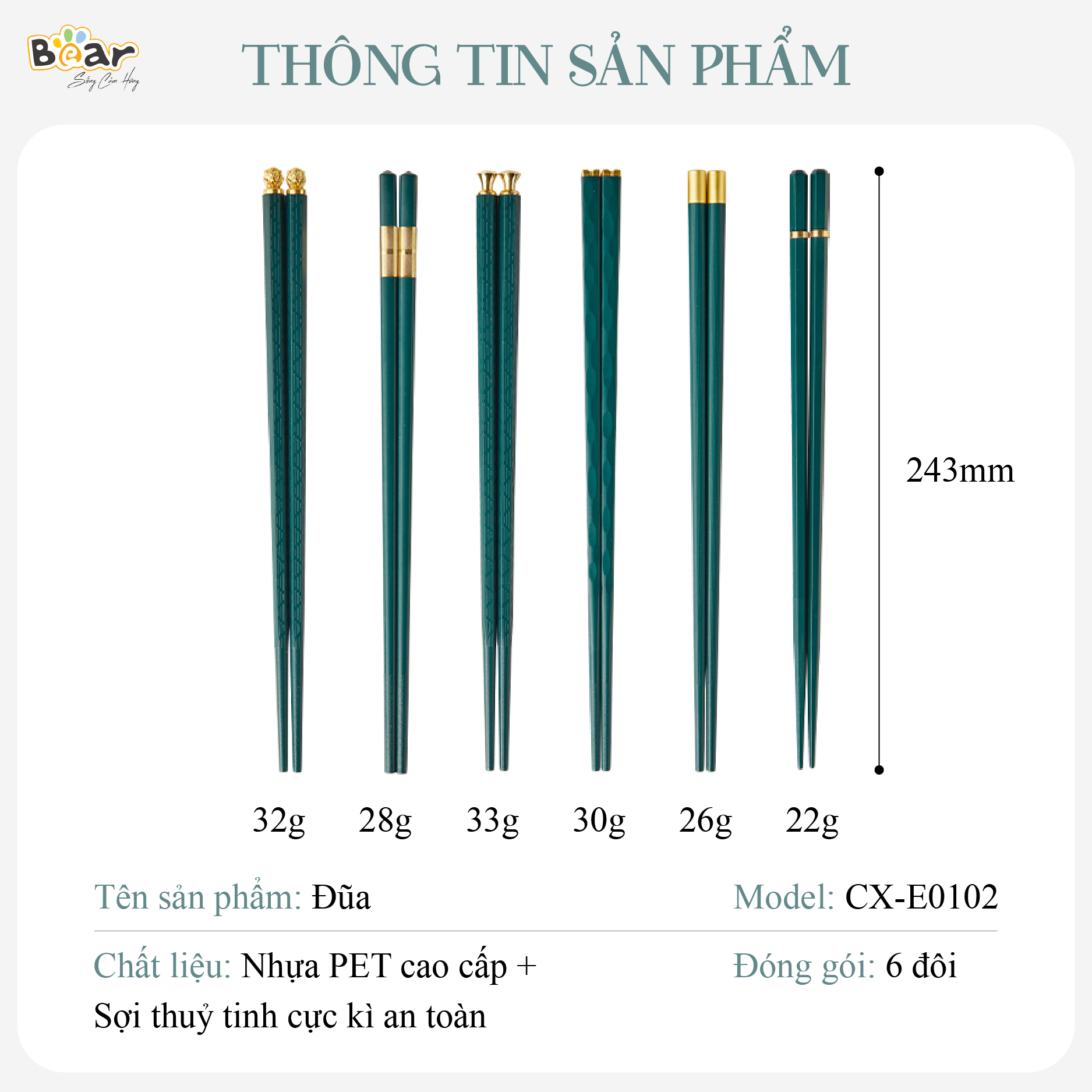 Đũa Bear E0102 cao cấp, kháng khuẩn, chất liệu an toàn