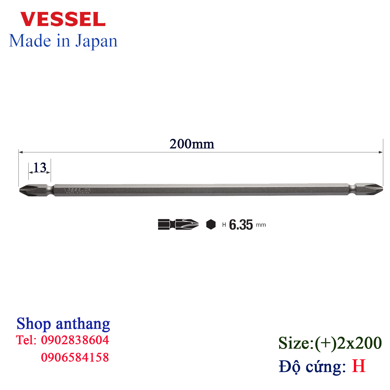 Mũi vặn vít A14 đầu (+)2 chuôi lục giác H = 6,35mm Vessel (Nhật Bản)