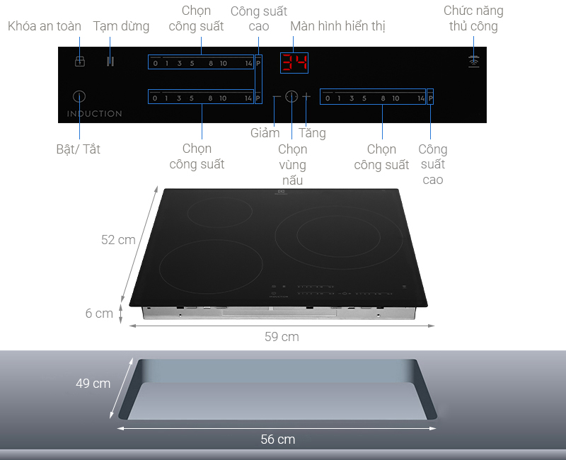 [Trả góp 0%]Bếp từ âm 3 vùng nấu Electrolux LIT60342