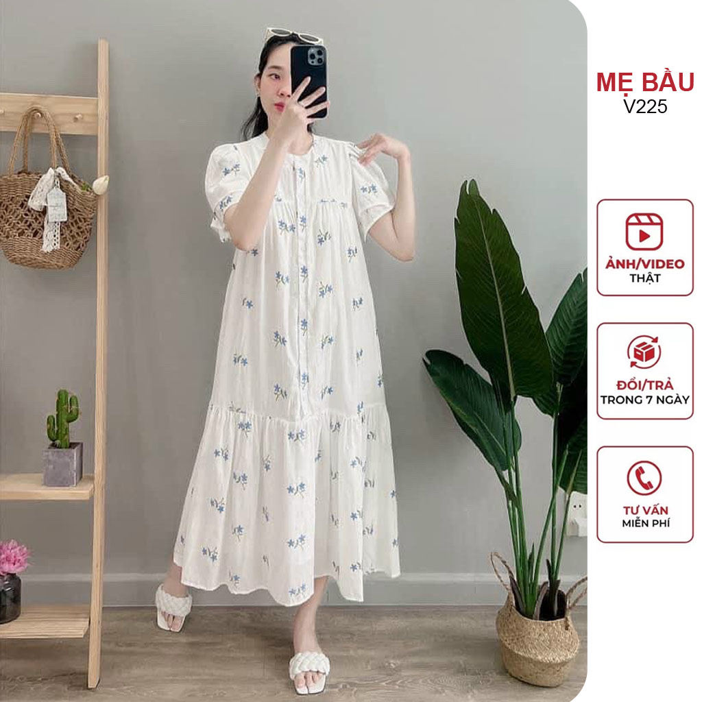 Váy bầu tiểu thư phối hoa nhí cực xinh dáng maxi - đầm bầu công sở mùa hè mặc đi làm đi chơi freesize