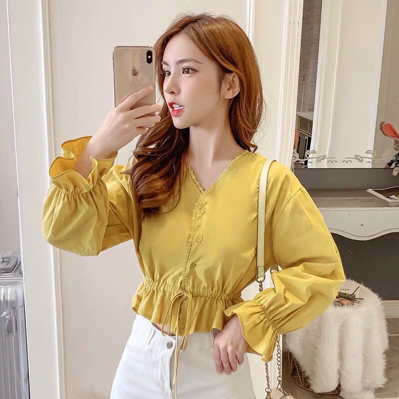 [HCM]Áo nữ cổ V dây rút eo tay dài