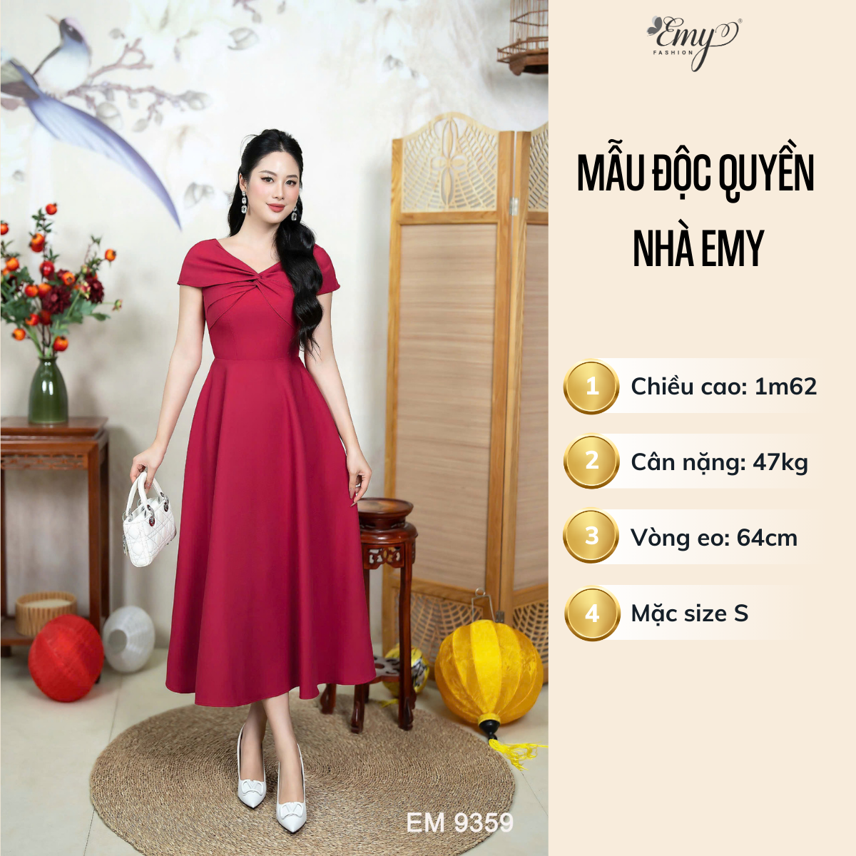 Đầm EMY EM9359 Xoè Đỏ Đổ Cổ V Xoắn Ngực