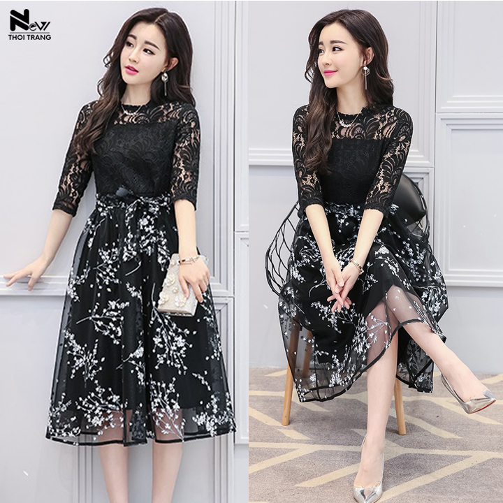 Đầm Ren Hoa Phối Nơ - New Thoi Trang