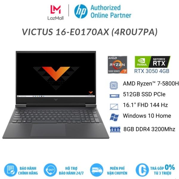 [13.12 Voucher 4 triệu] Laptop HP Victus 16-e0170AX (Ryzen™ 7-5800H | 8GB | 512GB | RTX™ 3050 4GB | 16.1 inch FHD | Win 11 | Đen)