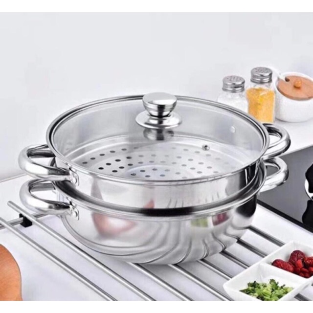 ( LOẠI DÀY 2 LỚP ) Nồi Xửng Hấp INOX 2 Tầng Đa Năng THAILAND , Nồi Hấp Bánh Bao , Bộ Xửng Hấp Inox 28Cm - Nồi Hấp Đa Năng 2 Tầng Cao Cấp Nắp Kính , dùng được cho mọi loại bếp.