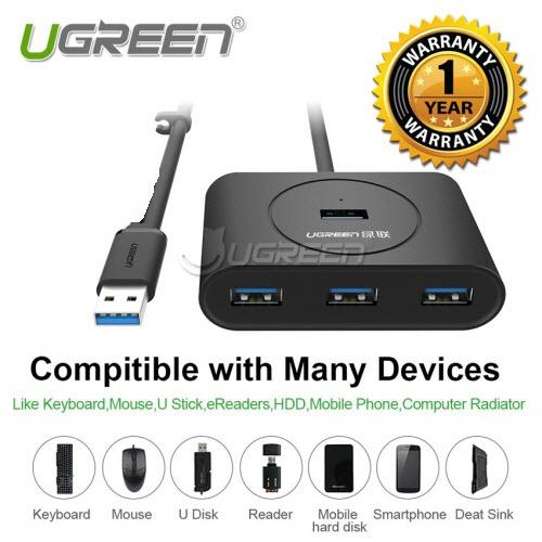 Bộ chia USB 3.0 với 4 cổng dòng cao cấp Ugreen UG-20291 cáp dài 80cm + Dây sạc điện thoại đa năng 3 cổng Lightning Type-C Micro USB