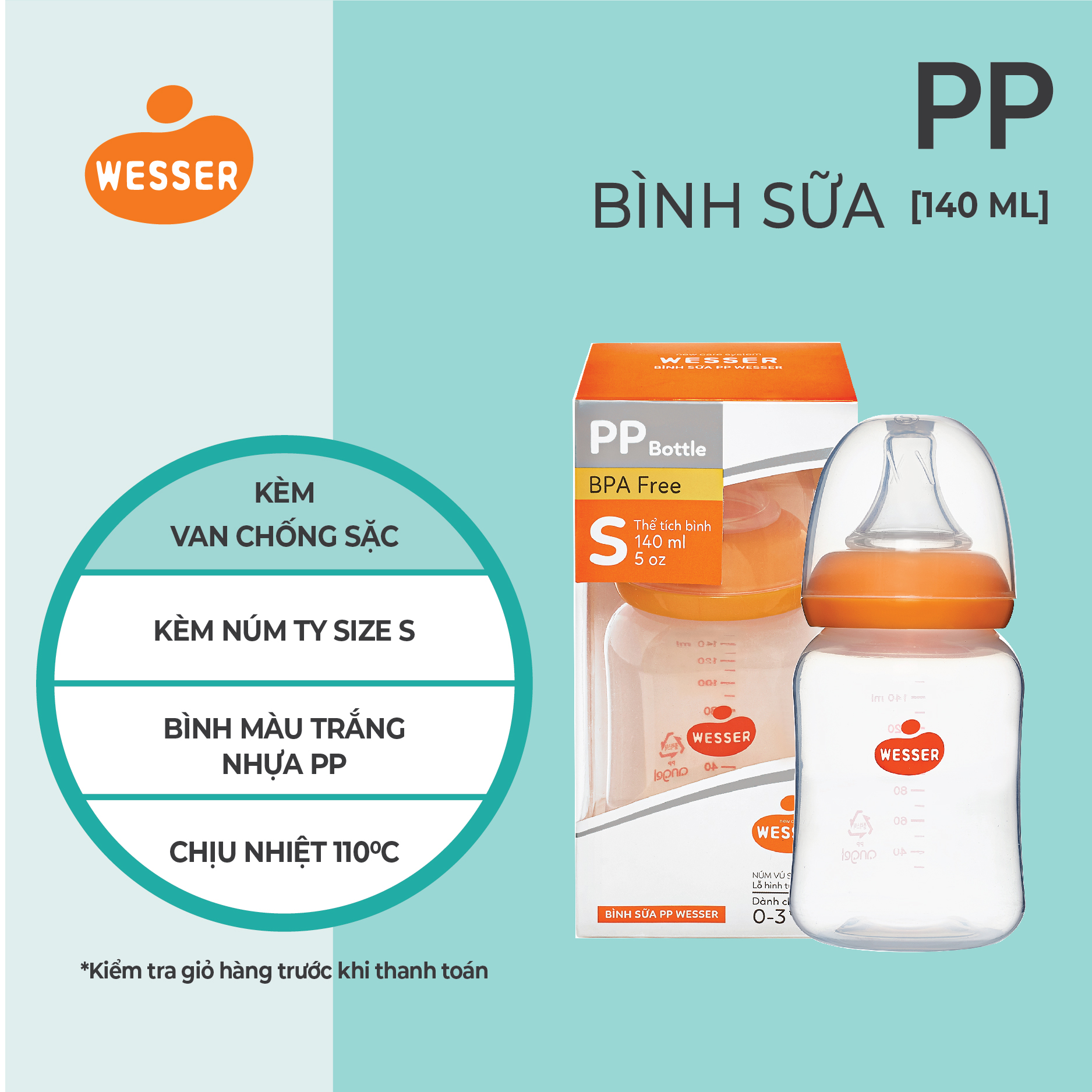 Bình sữa cổ hẹp PP Wesser 60ml/140ml/250ml