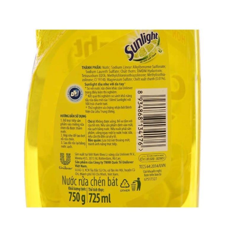 Chai Nước Rửa Chén Bát Sunlight Chanh100/750g