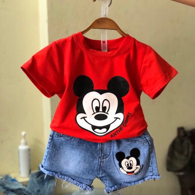 Set bộ quần áo cotton quần bò mickey cho bé gái