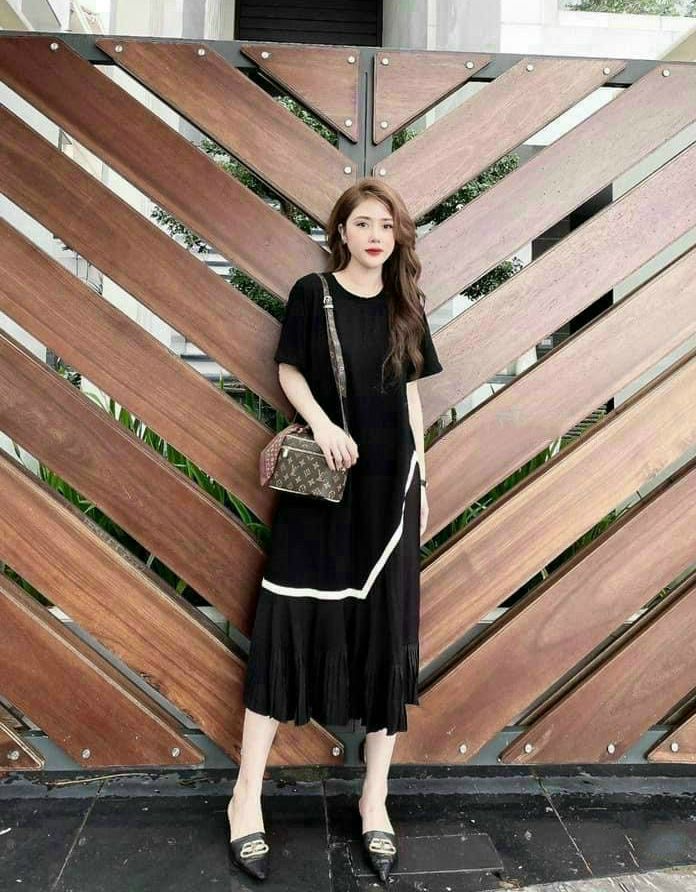 Váy suông thun cotton phối xếp ly lụa form suông rộng , thoải mái-đầm bầu đẹp
