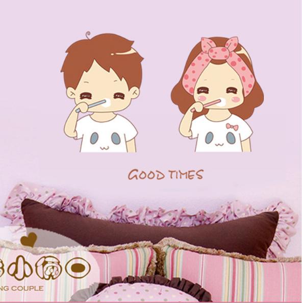 [HCM]Decal trang trí tường - Tranh Vẽ ChiBi Cặp đôi đánh răng thật dễ thương
