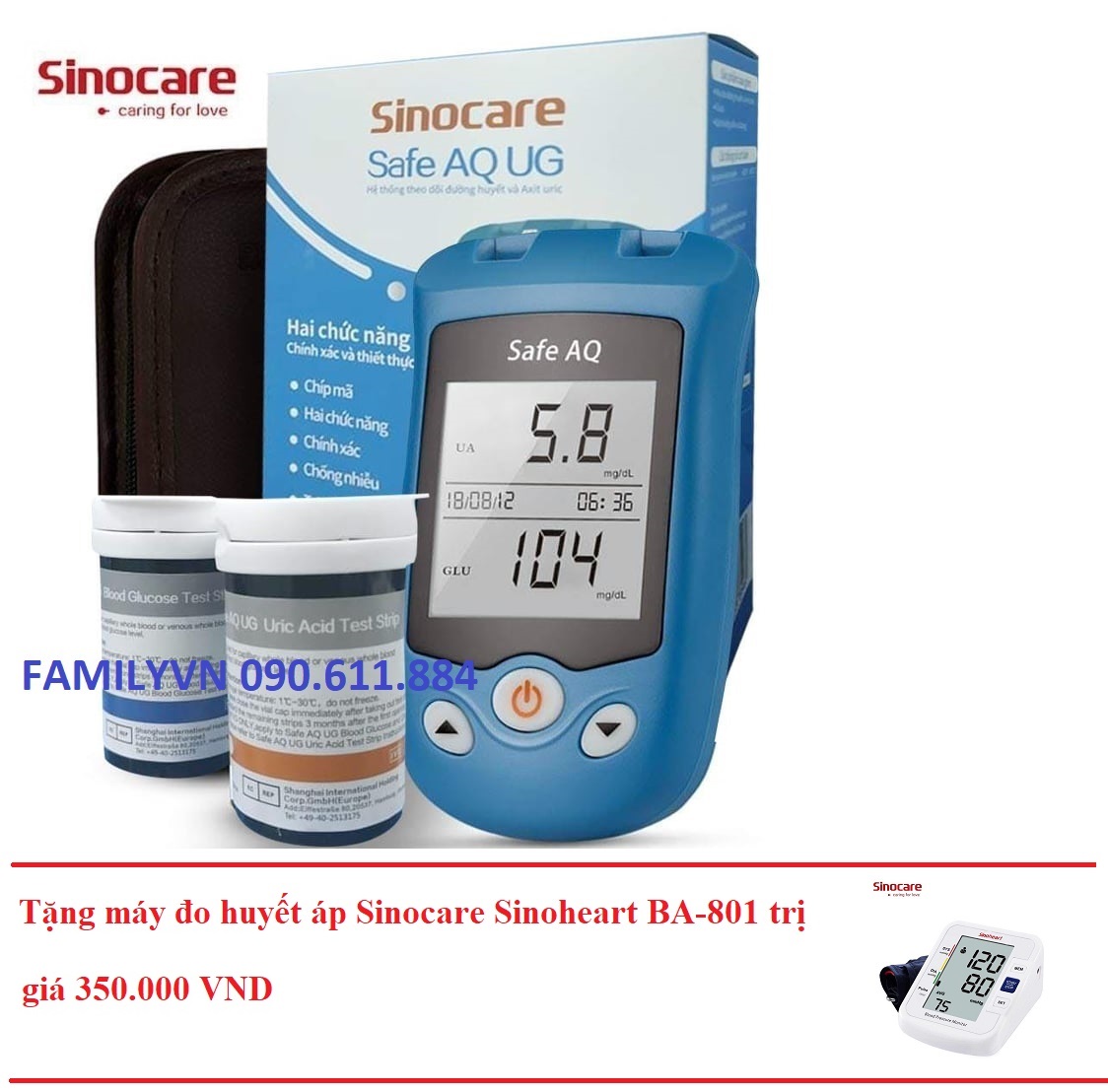 Máy đo đường huyết, Axit Uric 2 trong 1 Sinocare Safe AQ UG + Tặng máy đo