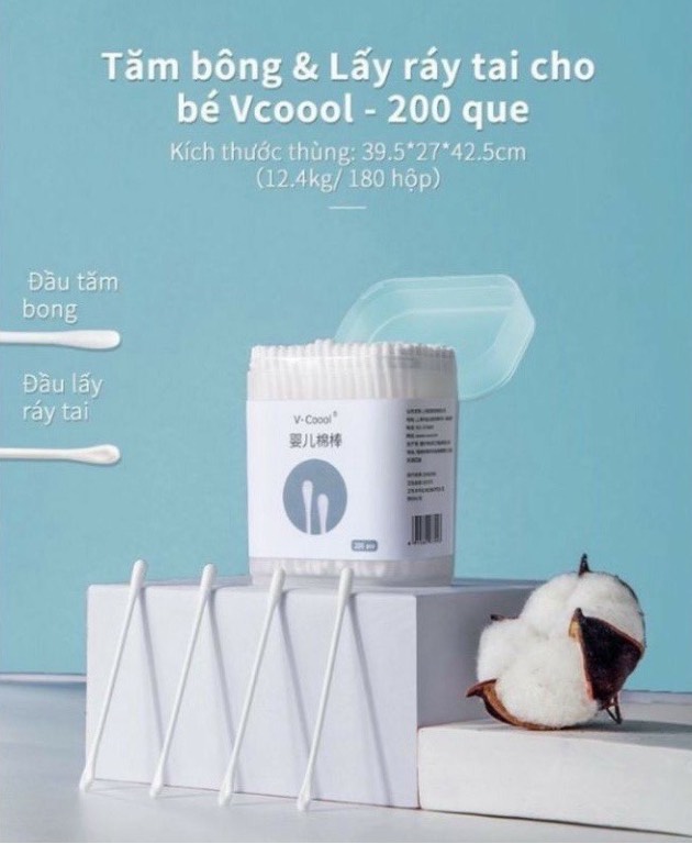 Tăm bông sơ sinh V-Coool, Tăm bông trẻ em chuyên dụng hộp 200 que cao cấp