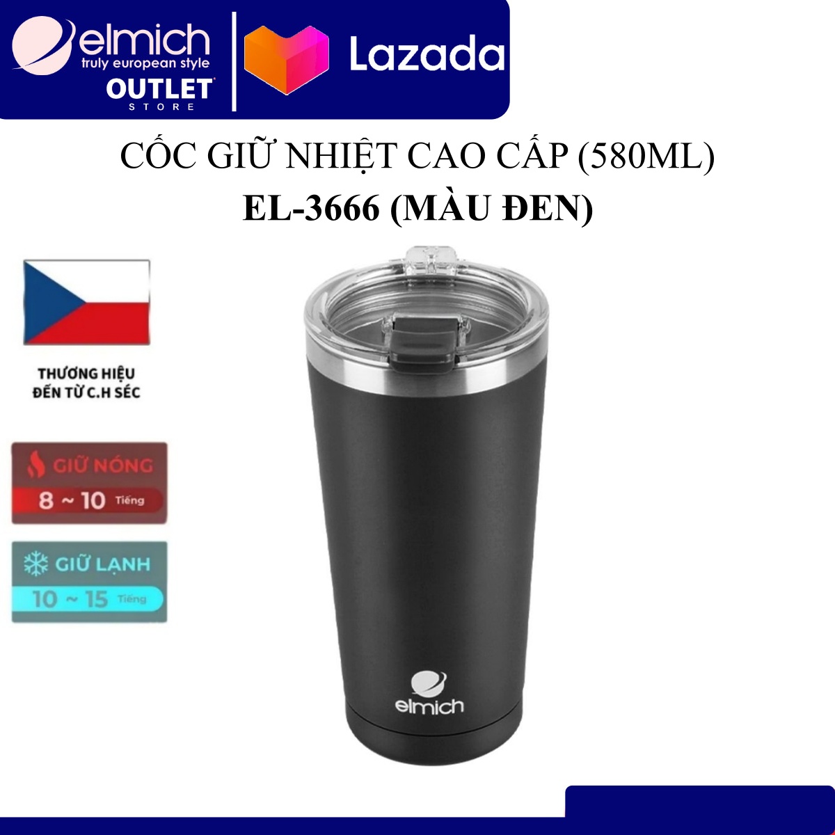 CỐC GIỮ NHIỆT ELMICH INOX 304 2243666 (Dung tích 580ml, Màu: Cam/Đen, Giữ nóng 8 tiếng lạnh 12 tiếng)